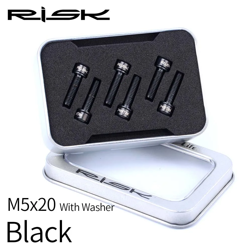 20mm-Black Риска 6 шт./лот M5* 18/20 мм велосипедный вынос руля болты для выноса руля с шайбами Титан сплав Велоспорт велосипед горный велосипед винты+ прокладка M5x18mm M5x20mm - Цвет: 20mm-Black