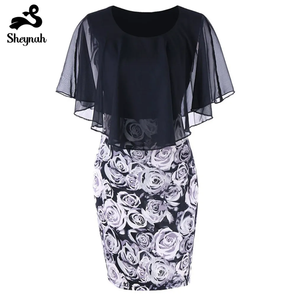 Large Big Size Women Dress Plus Floral Printing Vestidos Elegant O-Neck Chiffon Cloak Sleeve Clothing Retro Midi OL Dresses |