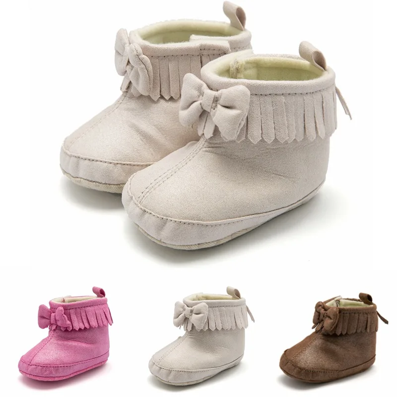 Милые детские зимние ботинки с бантом; зимние теплые ботинки для мальчиков и девочек; плотные зимние ботинки для новорожденных; однотонные ботинки для малышей