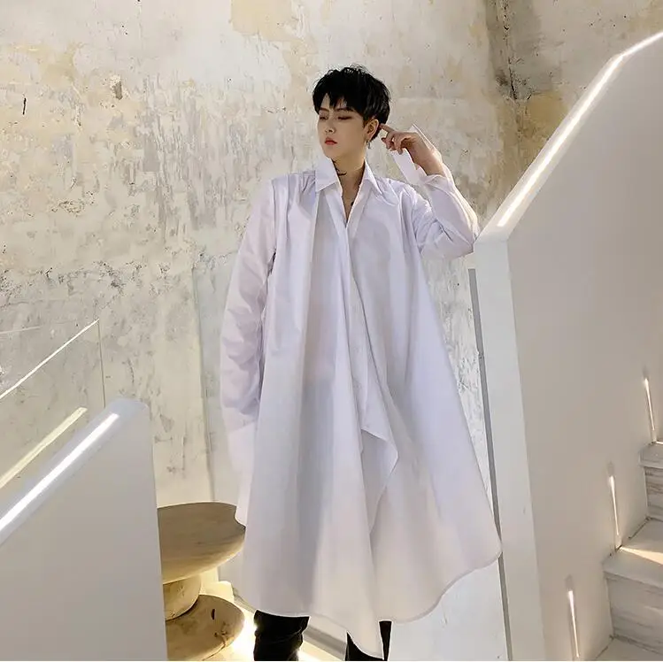 SHENGYUJIN Yamamoto style dark super long tether waist white shirt irregular loose elegant small shirt coat fashion men's shirt