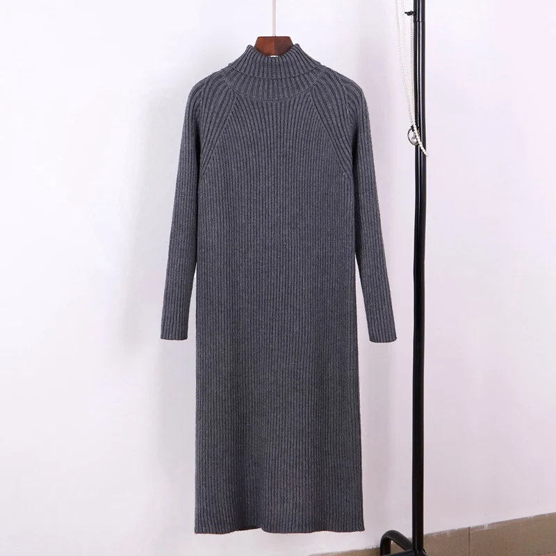 GIGOGOU женское платье-свитер большого размера с высоким воротом, длинное теплое осенне-зимнее женское платье, Свободные повседневные вязанные платья в рубчик - Цвет: grey 2088