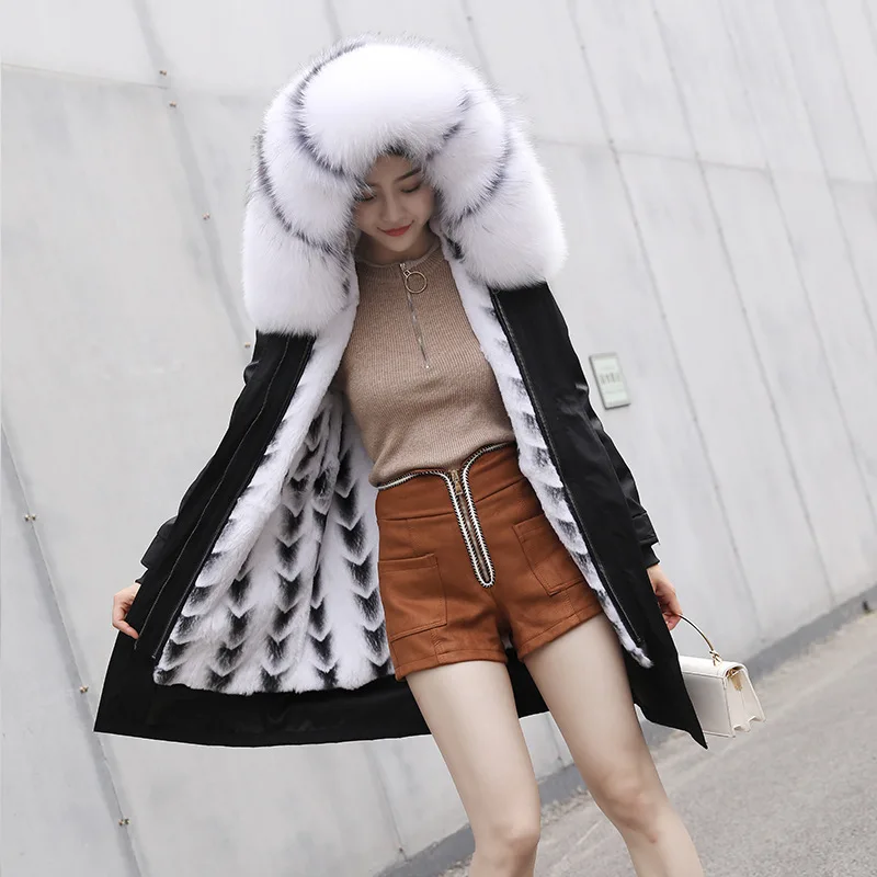 shorter black 3 Теплые зимние женские парки из натурального меха с подкладкой из длинного кроличьего меха, съемное меховое пальто, пальто с капюшоном из натурального меха енота - Цвет: shorter black 3
