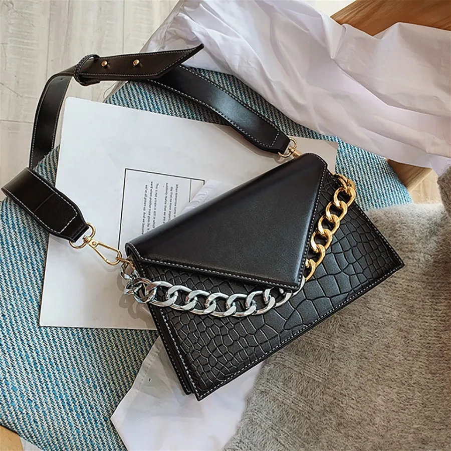 

Fashion Crocodile Pattern Shoulder Bags Triangle Flip Chain Crossbody Messenger Bag Women Vintage Pu Alligator Small Flap Bags