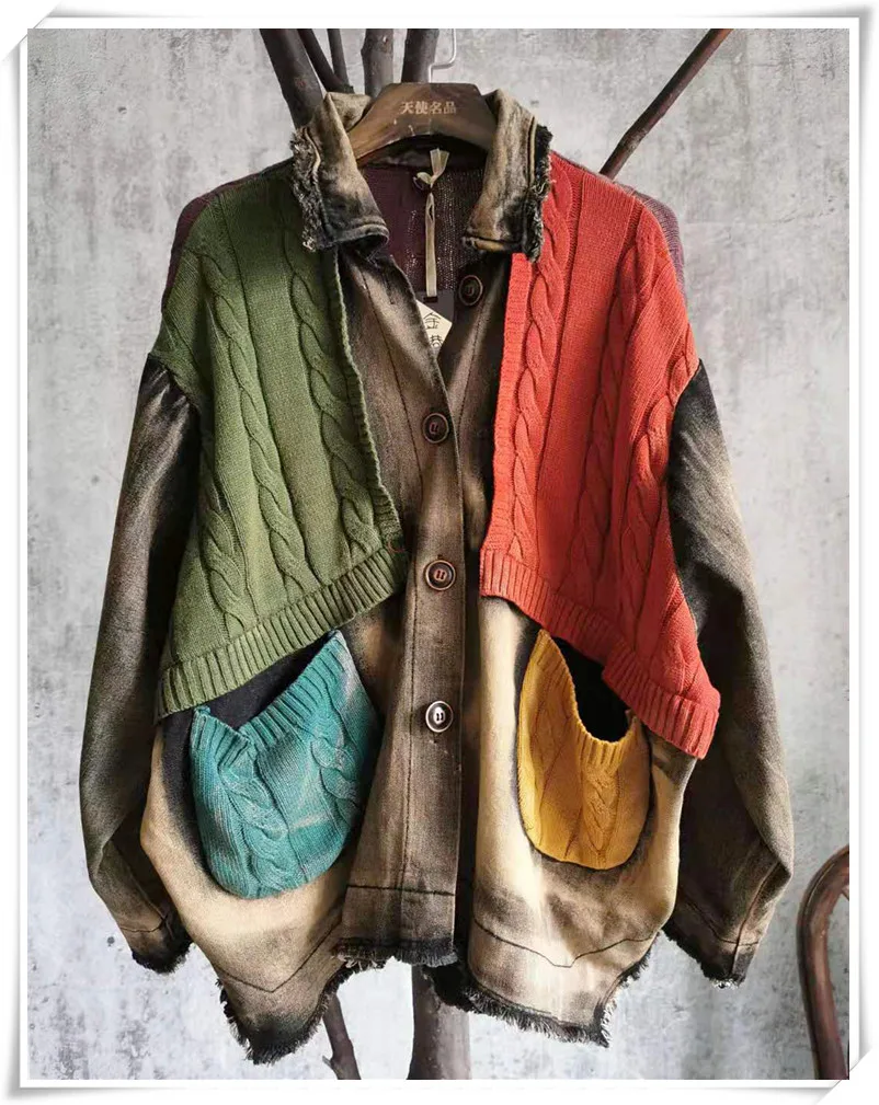 Denim Jacket National Contrasting-Color Pocket-Buckle Retro Vintage And Slim Stitching-Patch