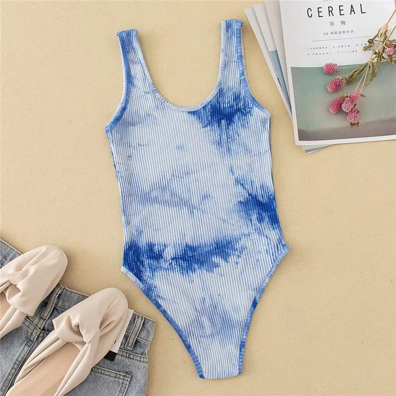 women fashion blue tie-dye print summer beach style bodysuit 2020 sexy lady bodycon sleeveless tops bodysuits femme neon bodysuit