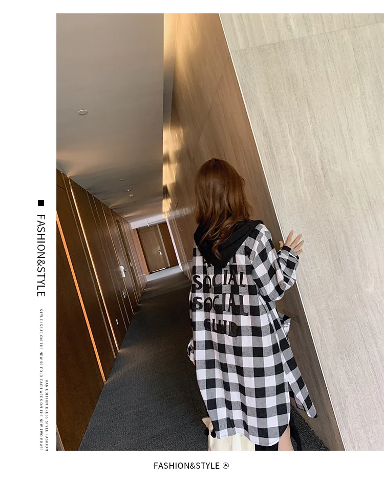 New Style CHIC Korean-Style Loose And Plus-sized Hooded Plaid Single-Breasted Mid-length Students Coat Women's F7415