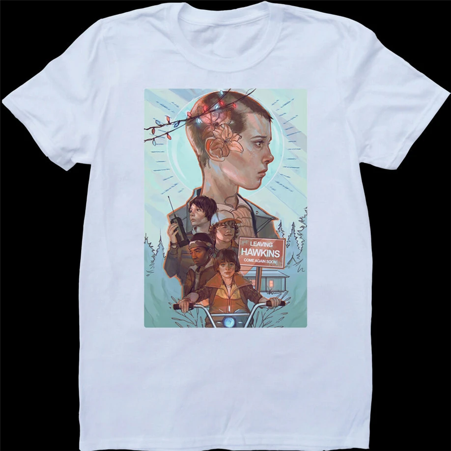 Странные Вещи плакат 11 Мужская белая на заказ футболка Винтажная Футболка |