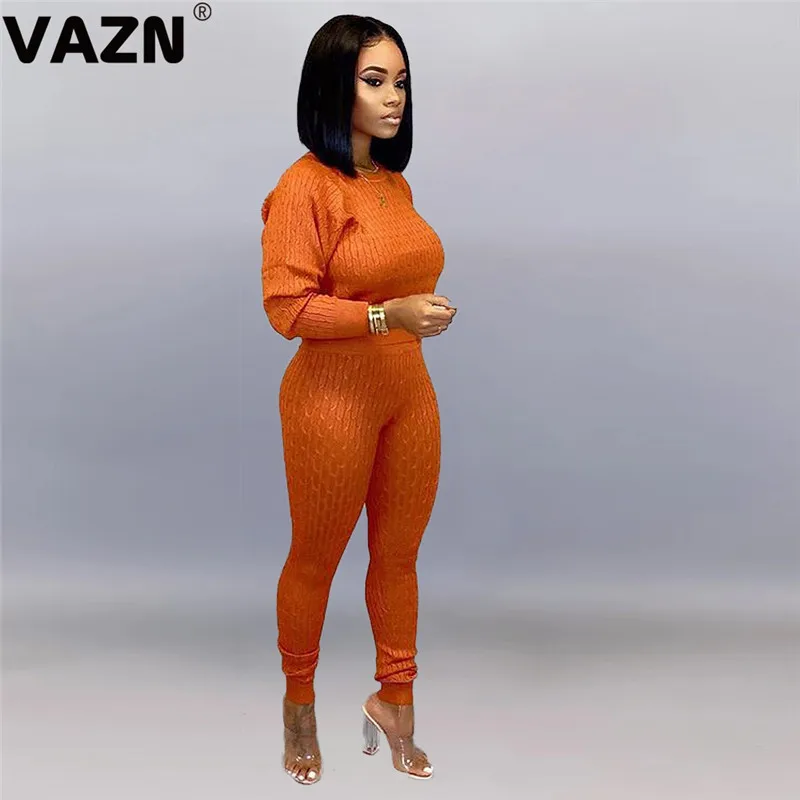 VAZN PN6270 зимние вязаные наряды, милые сексуальные комбинезоны, молодежная мода, одноцветные длинные штаны с длинным рукавом, высокая талия, женский тонкий комплект из 2 предметов