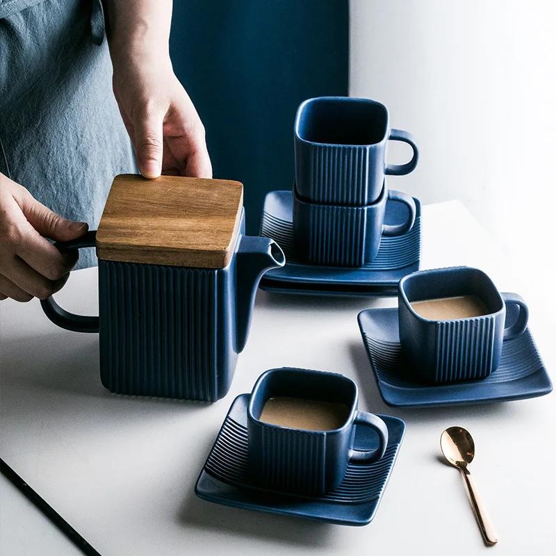 

Nordic Ceramic Tea Cup And Pot Set With Wooden Lid Blue Vertical Stripes Coffee Mug And Saucer Set Stainless Steel Stainer Gift