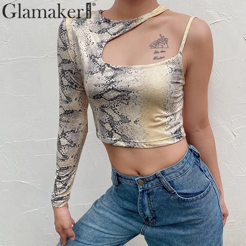 Glamaker, трикотажный короткий топ со змеиным принтом, рубашка для женщин, на одно плечо, неровный воротник, элегантный топ на бретелях, женский сексуальный укороченный топ с открытой спиной