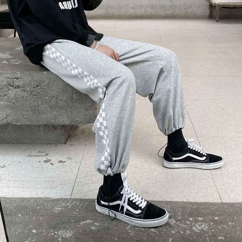 2021 New Plaid Casual Sweatpants Men Spring Autumn High Waist Elastic Loose Trousers Men Korean Drawstring Wide Leg Pants
