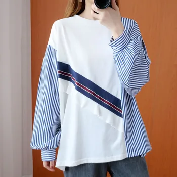 

Oversized Women Long Sleeve Blouses Shirts New Arrival 2020 Autumn Fashion Patchwork Striped Loose Ladies Casual Tops S1984