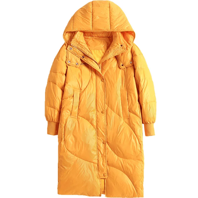 Down Jacket Female Long New Korean Women Winter Thick Oversize Yellow Hooded Down Coats 90% White Duck Puffer Coats RH600