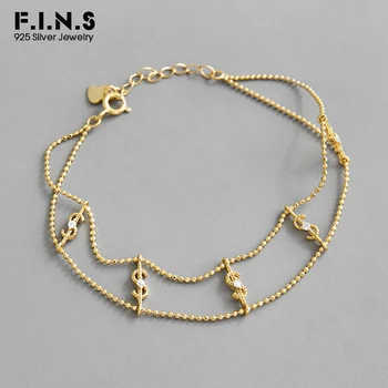 

F.I.N.S Korean S925 Sterling Silver Bracelet Personality Letter US Dollar Zircon Bead Chain Charm Female Bracelet for Decoration