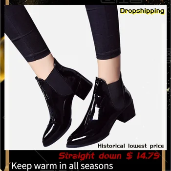 SAGACE 2020 New Arrival Fashion Shoes Women Boots Elasticated Patent Leather Ankle Boots Pointed Low Heel Boots Sexy Shoes tanie i dobre opinie Rubber Platform Solid Women s boots Square heel Basic Pointed Toe Summer Med (3cm-5cm) Slip-On Fits true to size take your normal size