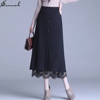 

SOMAL Autumn Women Black Lace Knitted Skirt With Buttons Elastic High Waist Long A Line Skirts Wear on Both Sides for Ladies