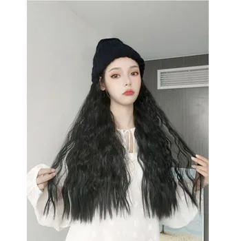 

MANWEIKnitted hat with Synthetic Hair Wig Black Brown Color Long Straight hair Extension with Knitted hat Cap Black Hat for wome