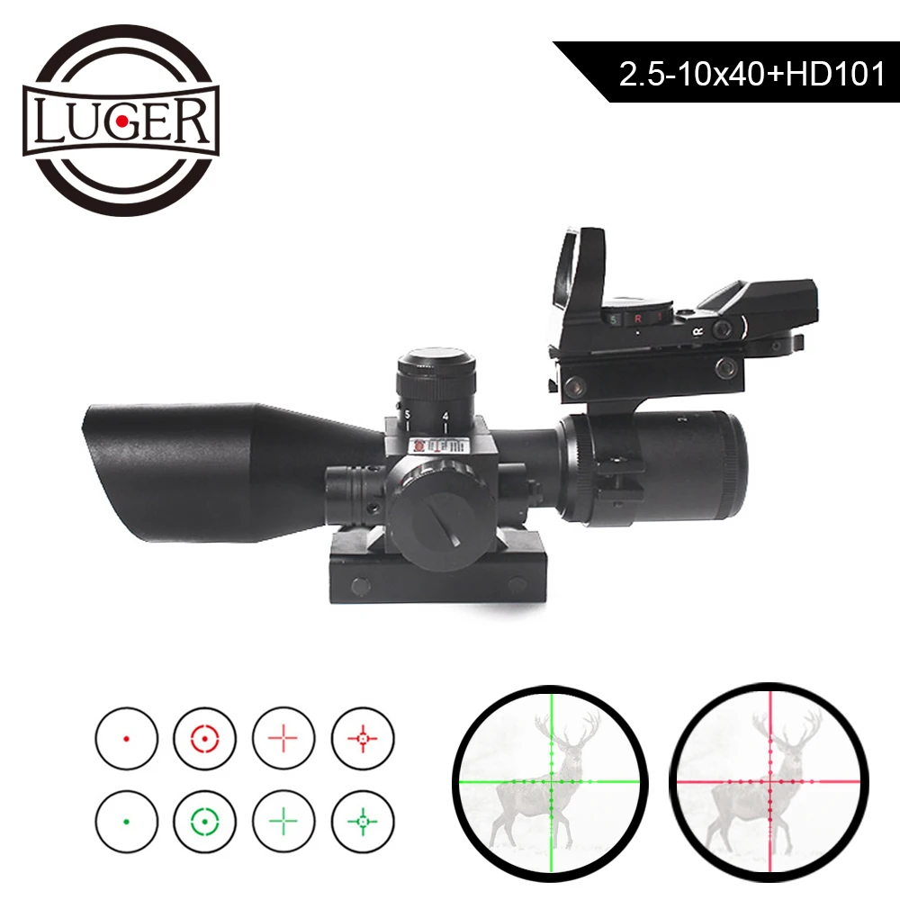 LUGER 2,5-10X40 Mildot Rifle de caza iluminado con holográfico 4 retícula punto rojo mira Combo táctico mira telescópica