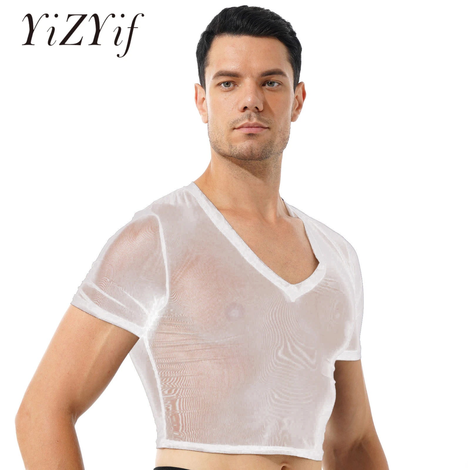 Mens See-through Mesh Crop Top Transparents Mesh Patchwork Cropped T-shirt  V Neck Short Sleeve Top Tees for Stage Performance