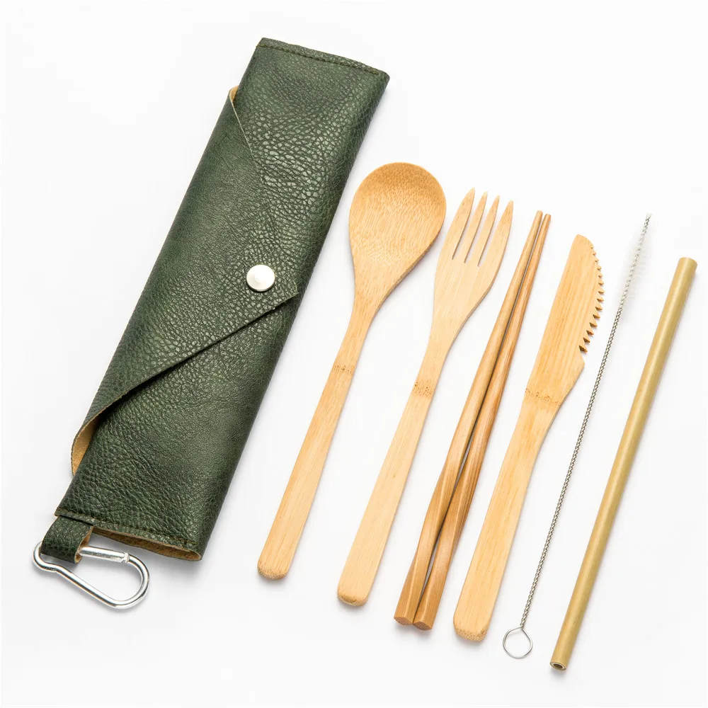 Eco-friendly Travel Reusable Portable Bamboo Cutlery Set Spoon Fork Chopstick Sets 6pcs/set Straw Kitchen Food Dinnerware Set - Цвет: 7pcs set0014