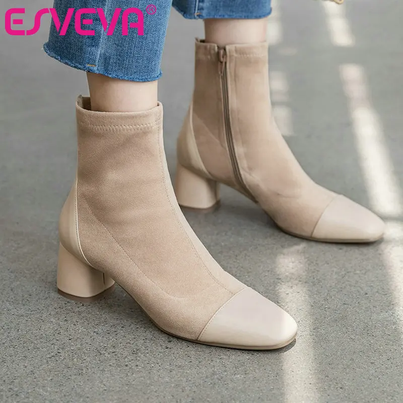 

ESVEVA 2020 Women Shoes Ankle Boots Round Toe Flock Zipper Slip On Square Med Heel Sexy Motorcycle Platform Boot Size 34-39