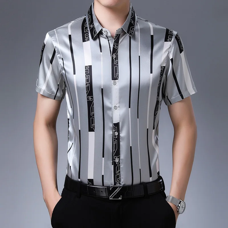 New 2020 Summer Male Silk Clothes Fashion Striped Silk Shirt Short Sleeve Mens Casual Satin Silk Dress Shirts New 2020 Summer Male Silk Clothes Fashion Striped Silk Shirt Short Sleeve Mens Casual Satin Silk Dress Shirts
