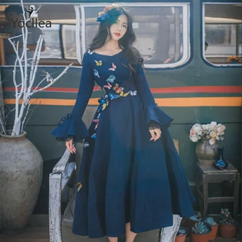 

Wool Dress women Autumn Winter slim vintage O-Neck Flare sleeve Party dress vestidos girl 3D Butterfly Long dresses