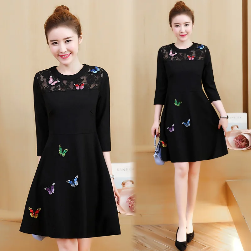 

2018 Spring Clothing New Style Large Size WOMEN'S Dress Fat Mm Crew Neck Lace Joint Elegant Slim Fit Slimming Skirt