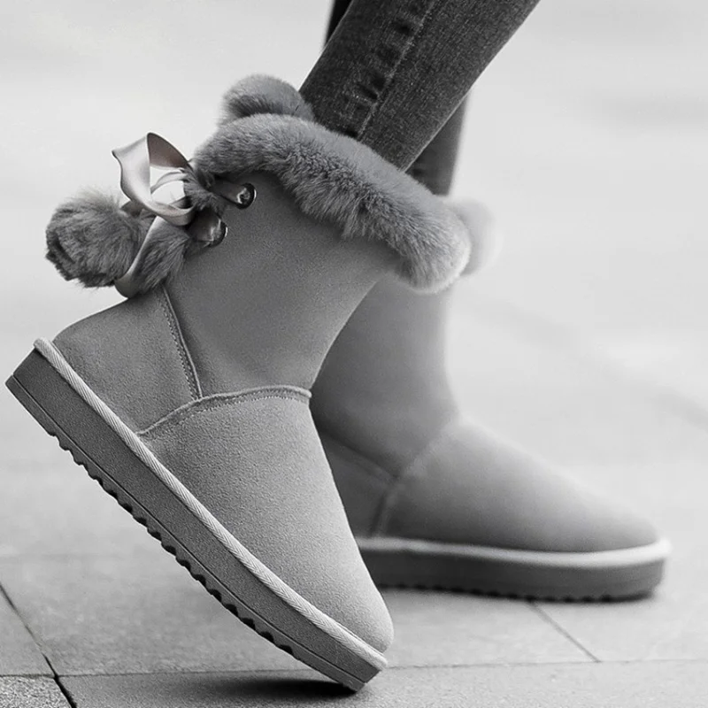 ANOVISHANA Warm rabbit fur Snow Boots Women Genuine cow suede Leather flat heel ankle booties knot ball Winter fur shoes botas