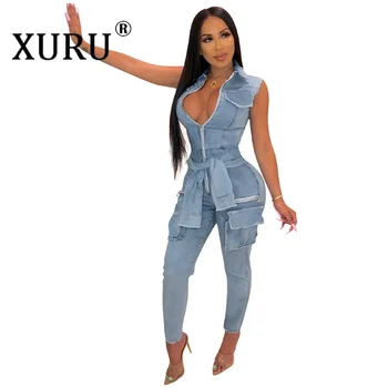 

XUIURU Fake Sleeves with Button Washed Denim Jumpsuit 2019 Autumn New Best Selling Women's Denim Jumpsuit