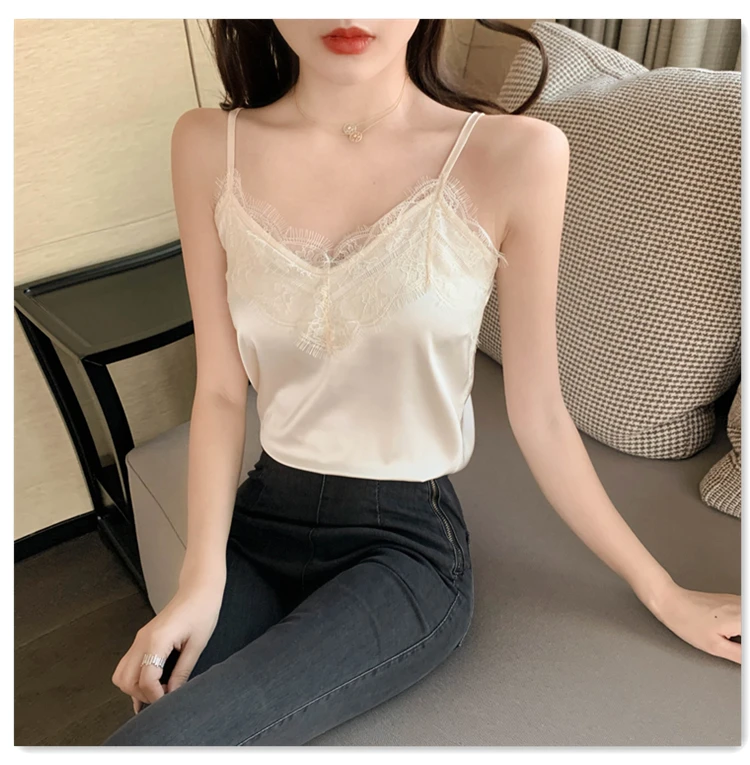 Haut Femme Summer Tops 2022 V-Neck Lace Tank Top Women Clothes White Cami Camisole Satin Silk Vest Woman Plus Size Ropa Mujer black camisole