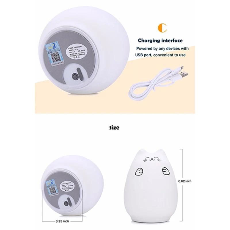 Популярные usb-портами и светодиодным индикатором Перезаряжаемые милый кот ночной Светильник Цвет Фул силиконовый Спальня хит бить лампа 12 часов в Цвет изменение режима