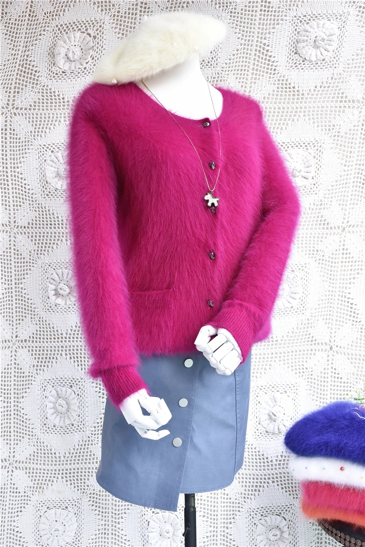 Рождественский женский милый свитер с круглым вырезом и длинными рукавами, тонкий короткий кардиган из Ангорского Кролика, элегантное кашемировое пальто-свитер