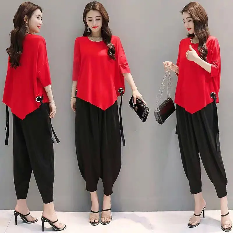 

ShaoKou Women's Two Piece Sets 2020 Fashion Crop Tops Turnip legs Pants Summer Feminine Matching Sets Streetwear Casual Wear
