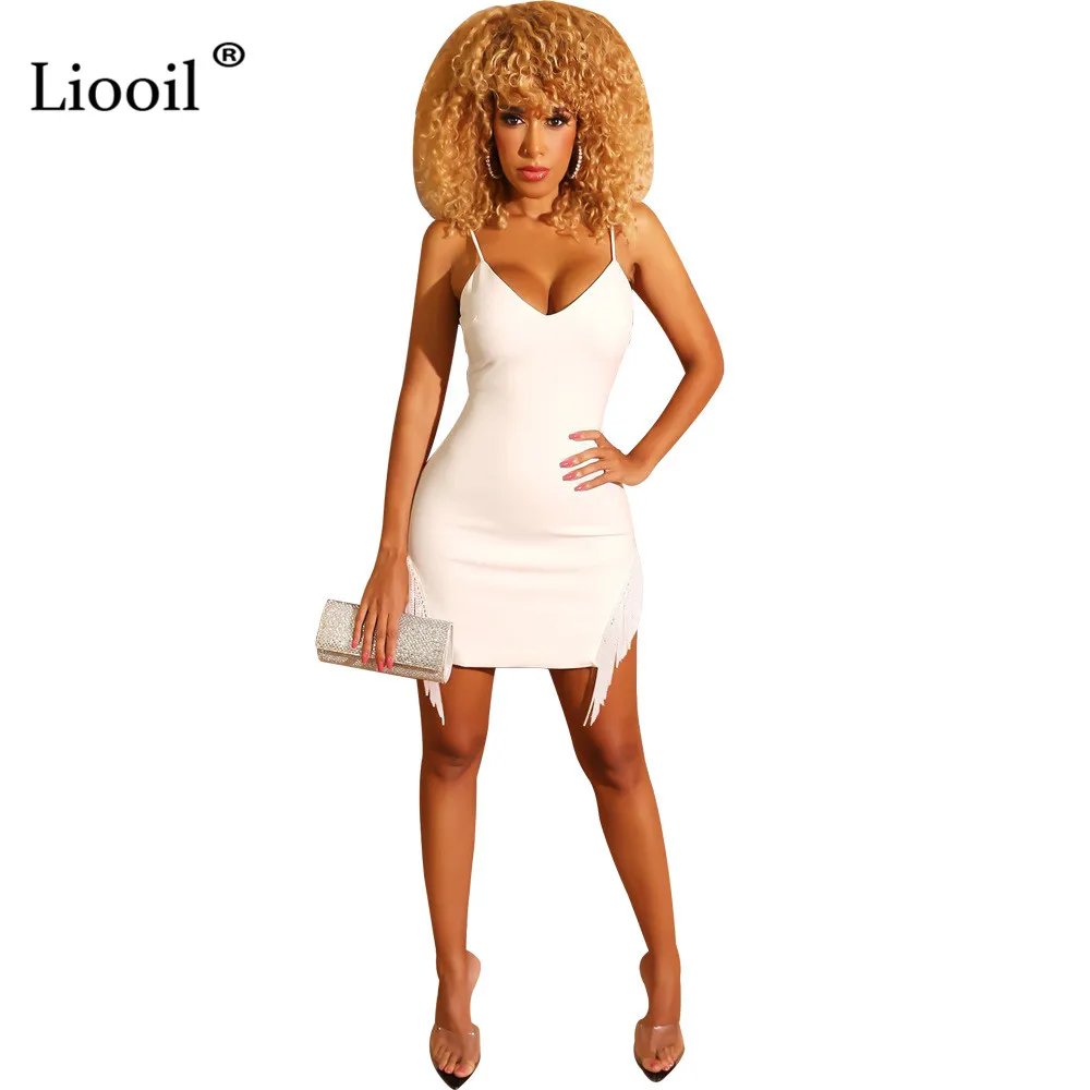 Liooil сексуальное облегающее мини-платье с кисточками, без рукавов, v-образный вырез, высокая талия, черные, белые облегающие платья, женские вечерние платья для ночного клуба