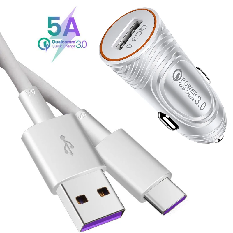 Зарядное устройство USB для телефона samsung S8 S9 A50 QC 3,0, автомобильный адаптер 5A type-C, кабель для huawei P20 P30 lite Redmi K20 Note OnePlus 7 Pro