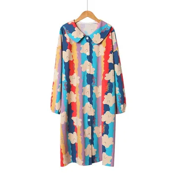 

Fall Winter Ladies Colorful Sweet Bear Printed Nightgown Doll Collar Women Loose Long Dress Comfort Full Cotton Dress