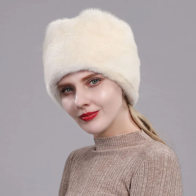 white Русская норковая меховая шапка женская зимняя шапка кожаная меховая шапка теплая удлиненная шапка утолщенная меховая однотонная шляпа мягкая теплая шапка - Цвет: white