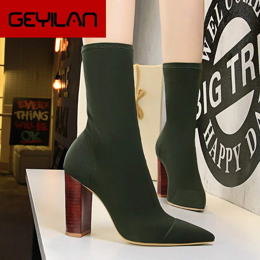 

2019 Women Stretch Sock Boots Block 9.5cm High Heels Fetish Green Ankle Boots Stripper Tight Booties Chunky Silk Satin Shoes