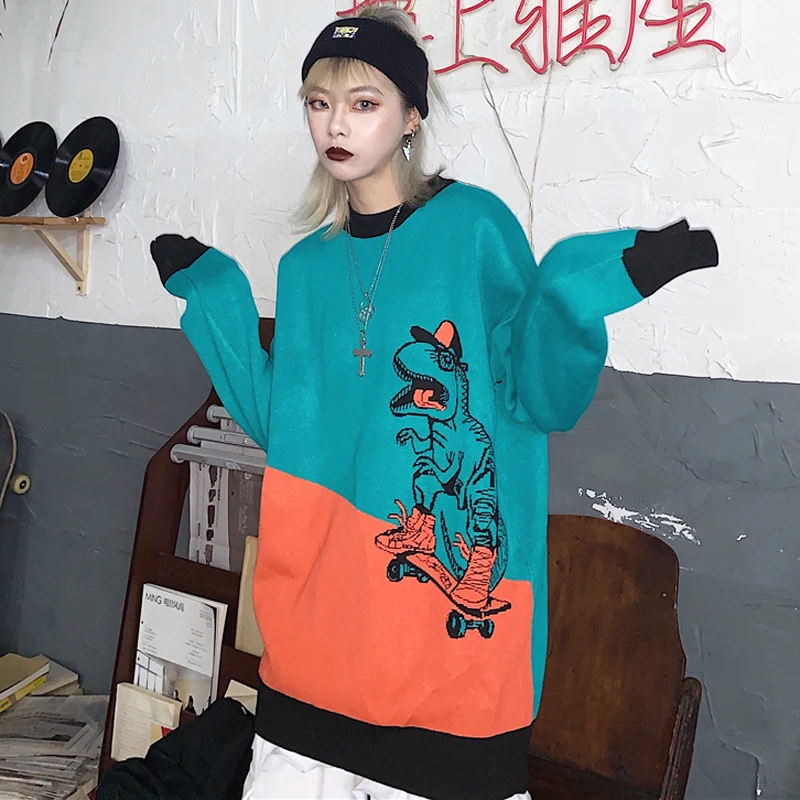 

New Autumn Sweater Women Harajuku Cartoon Sweater Cotton Loose Round Neck Knit Two Tone Sweater Thick Cute Dinosaur Sweater