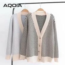 AQOIA корейский Свободный длинный рукав женский свитер полосатый женский кардиган с v-образным вырезом универсальная куртка зимняя одежда