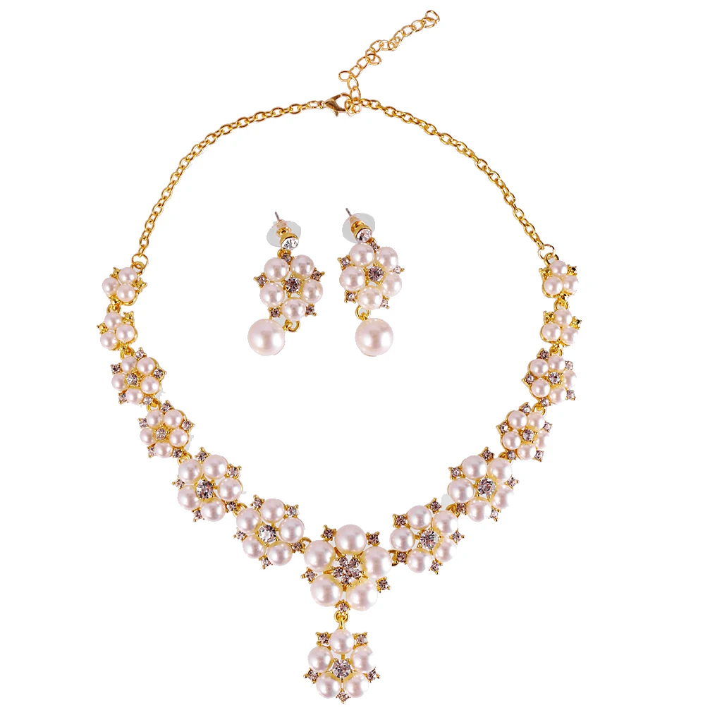 Rhinestone Pearl Floral Necklace Earrings Set Wedding Bridal Jewelry