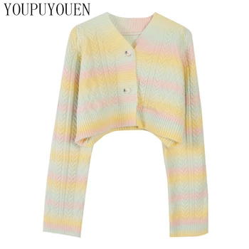 

Women Cropped Sweater Cardigan Coat Color Striped Wool Long Sleeve Short Knit Cardigans Jacket Autumn Winter Crop Tops Knitwear