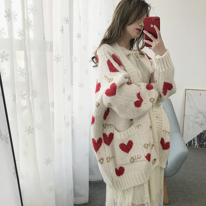 Кардиганы женские красные с принтом Kawaii однобортные свободные 2XL корейский стиль Harajuku шикарная женская одежда вязаный свитер Повседневный