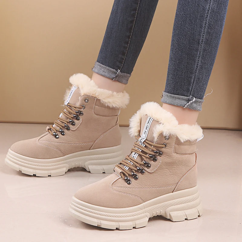 Beige Новинка года; зимние сапоги на высоком каблуке; теплые плюшевые замшевые удобные кроссовки с круглым носком на шнуровке; зимние ботинки на платформе; ботильоны - Color: Beige