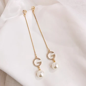 Luxury Letter G Link Chain Dangle Earrings Imitation Pearl Crystal Alphabet Brand Ear Studs Bar Long Thread Earring for Women