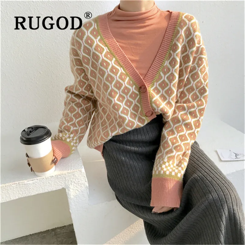 RUGOD корейский стиль Шикарный Свободный вязаный кардиган с узором диоман элегантный однобортный свитер женские зимние топы для женщин