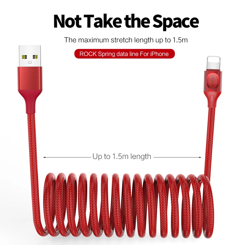 ROCK USB кабель для телефона для iPhone X XR XS 2.1A кабель для быстрой зарядки и передачи данных выдвижной пружинный USB кабель для iPhone 8 7 6 5 провод шнур