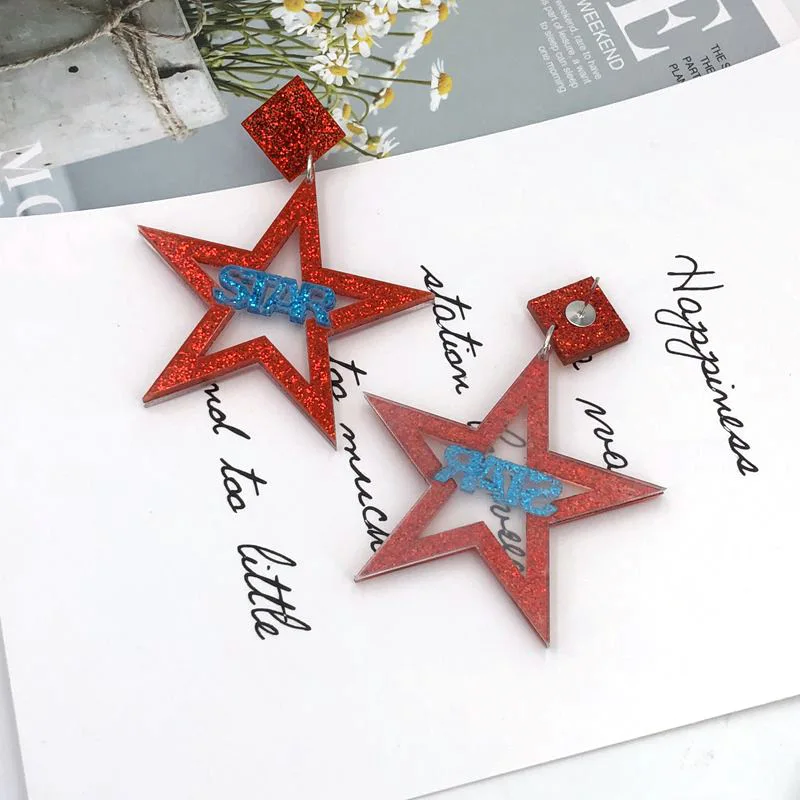 

New Arrival Red Shining Stars Acrylic Drop Earrings Fashion Glitter Powder Blue English Letters Dangle Earrings Jewelry 2019