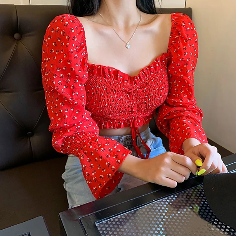 BKCJQA Ladies Early Autumn Retro Square Collar Small Floral Long-Sleeved Shirt Female Drawstring Umbilical Shirt